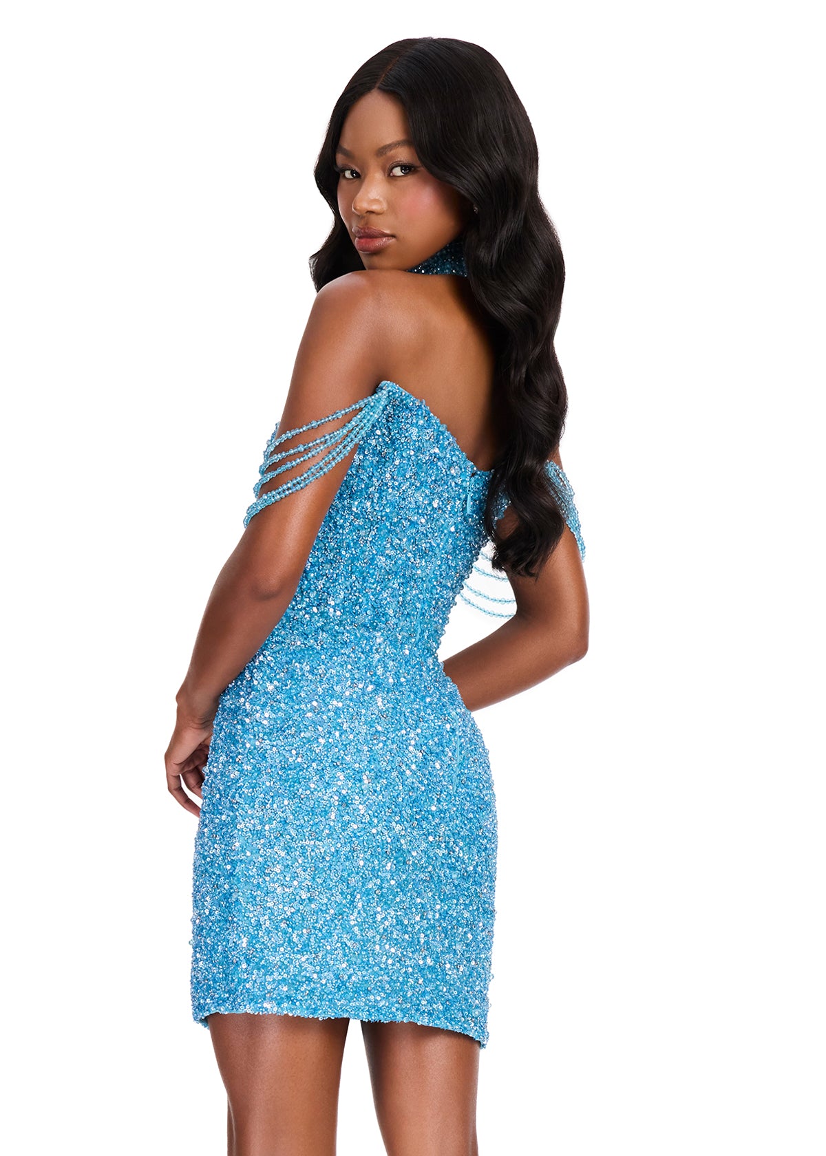 ASHLEYlauren 4758 Off Shoulder Pearl Beaded Cocktail Dress