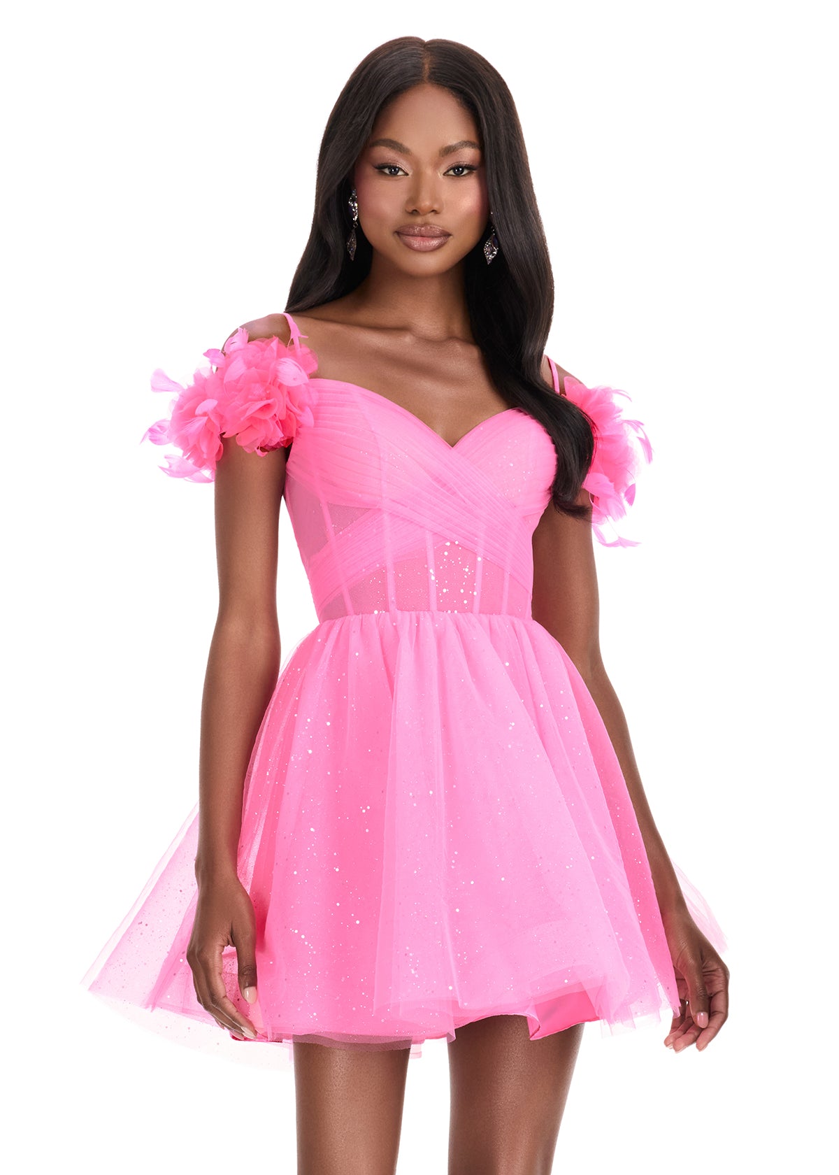 ASHLEYlauren 4817 – Glitter Tulle Off-Shoulder Floral Mini Dress