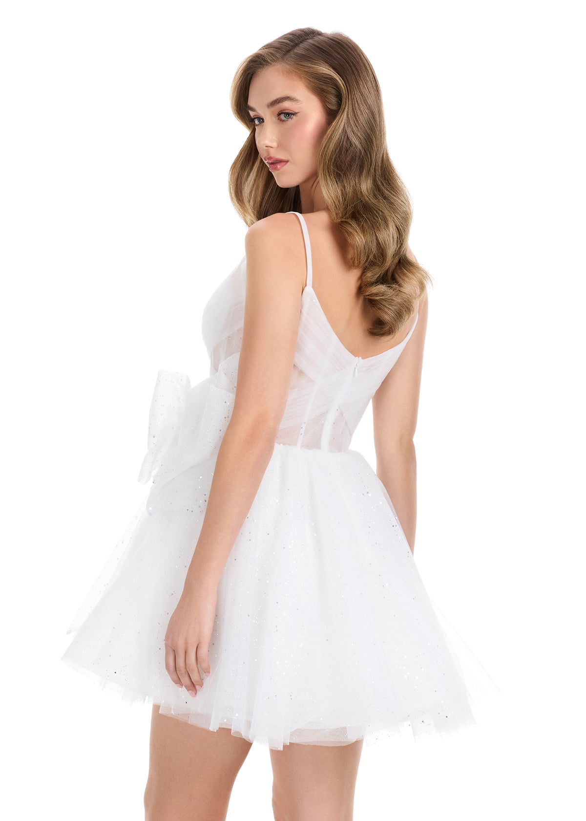 tulle mini dress white ASHLEYlauren 4819 – Glitter Tulle Crisscross Mini with Bow Skirt