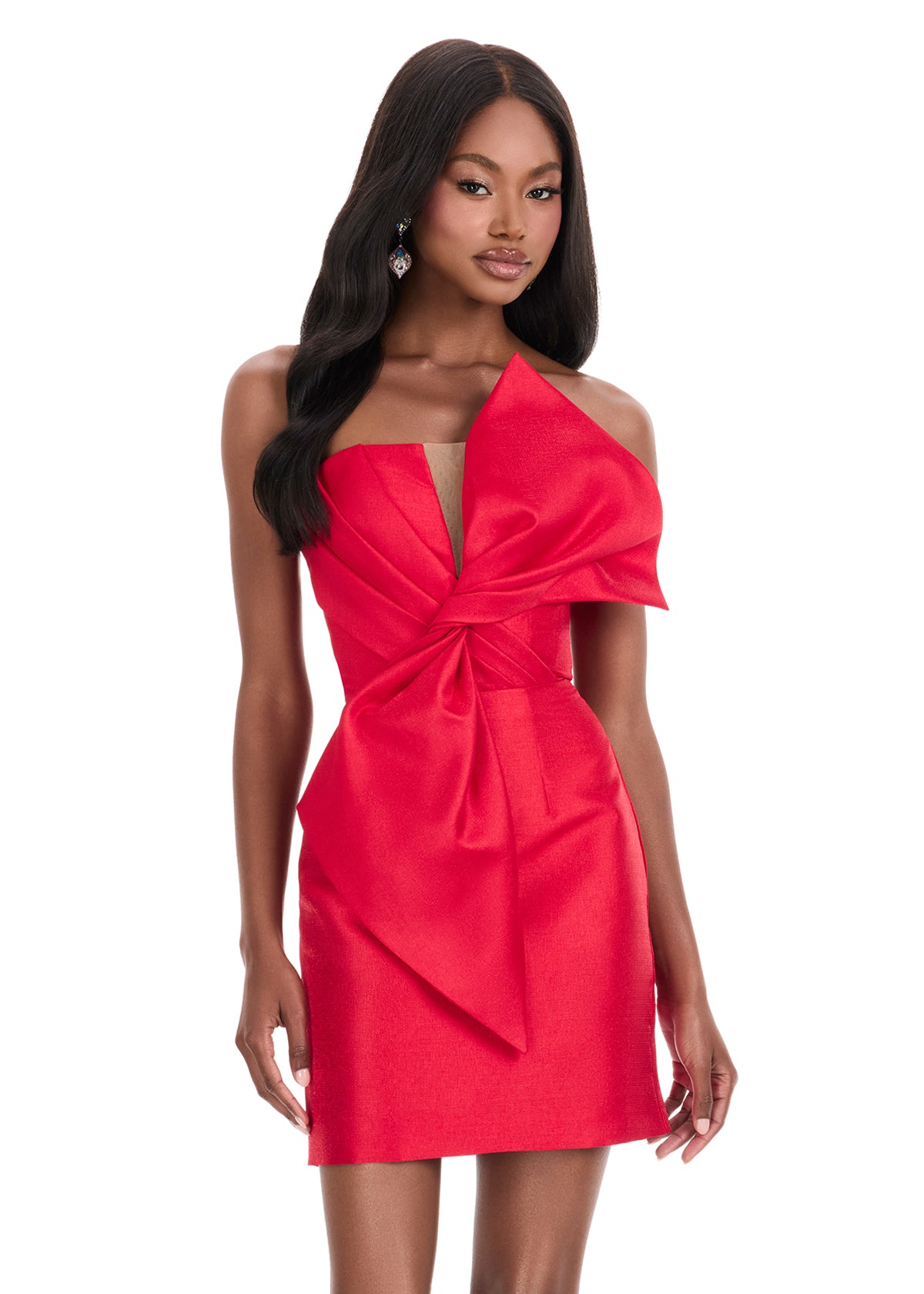 ASHLEYlauren 4825 – Mikado One-Shoulder Mini with Oversized Front Bow