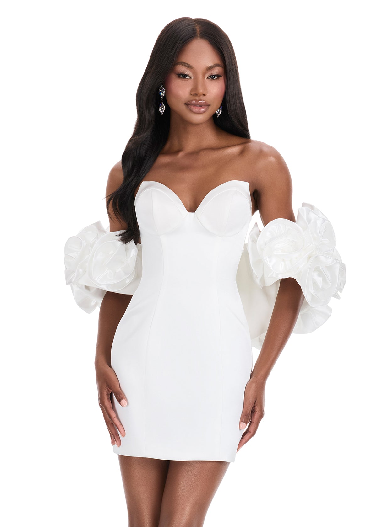 ASHLEYlauren 4832 – Satin Sweetheart Mini with Floral Puff Sleeves