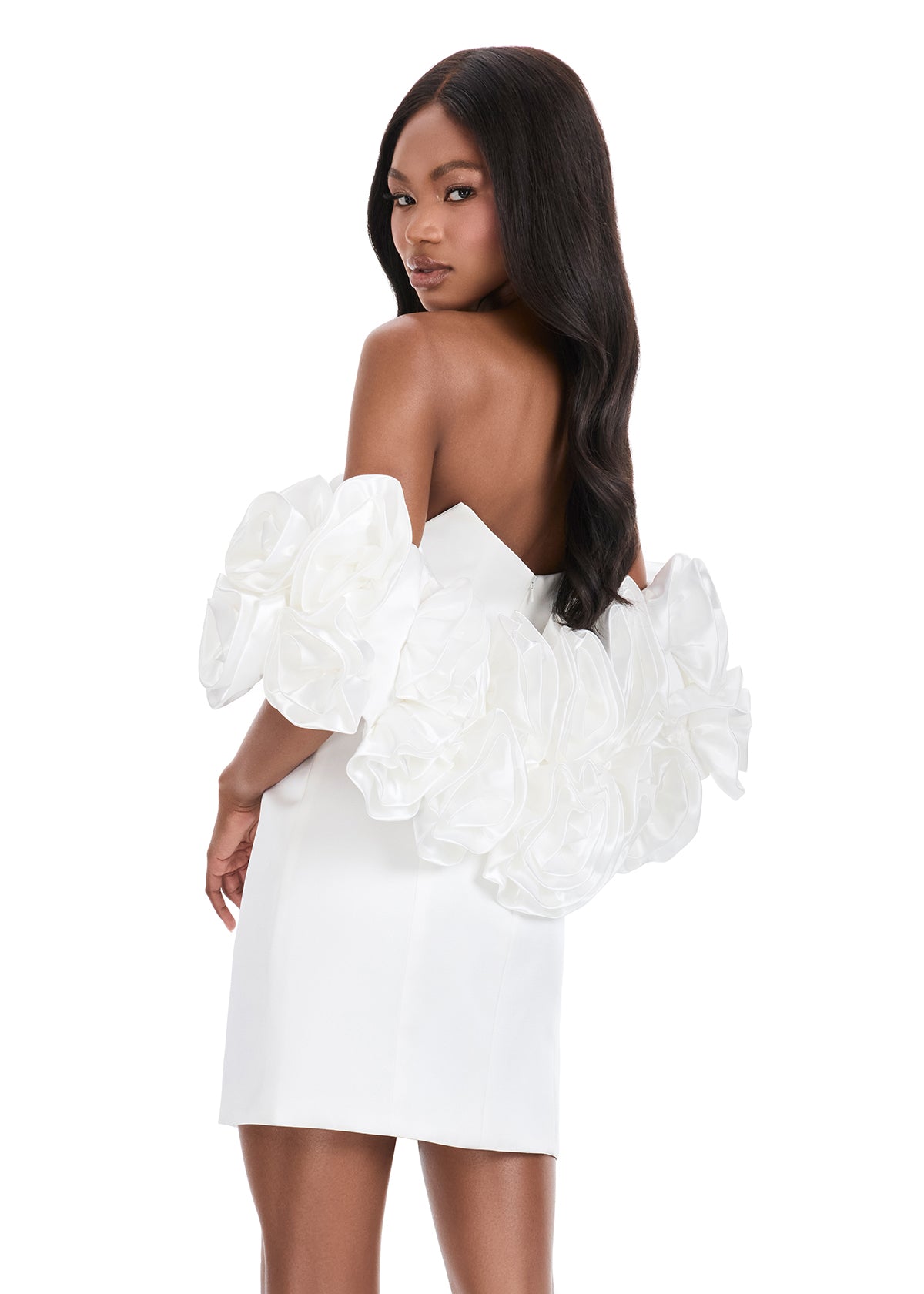 ASHLEYlauren 4832 – Satin Sweetheart Mini with Floral Puff Sleeves