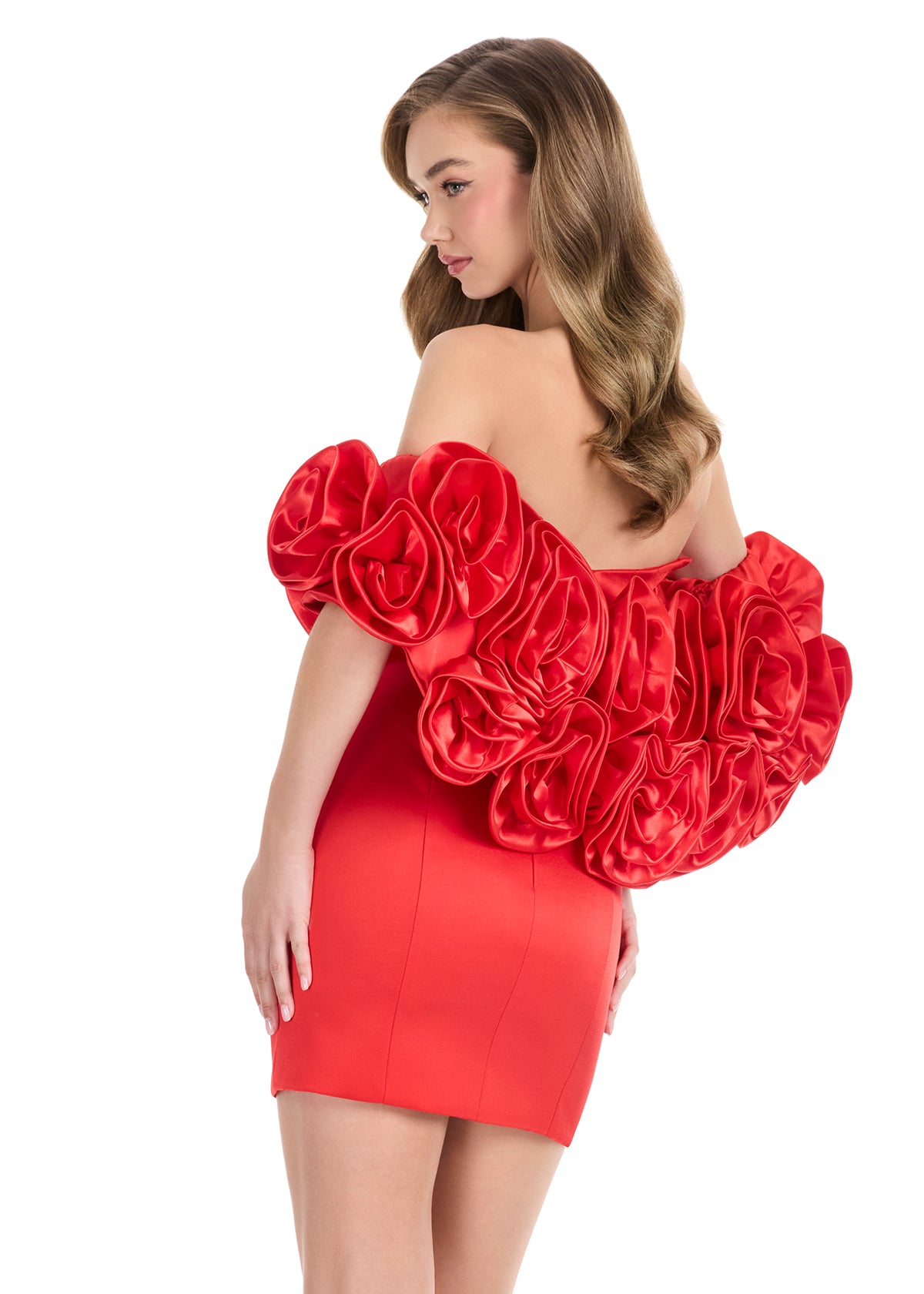 ASHLEYlauren 4832 – Satin Sweetheart Mini with Floral Puff Sleeves