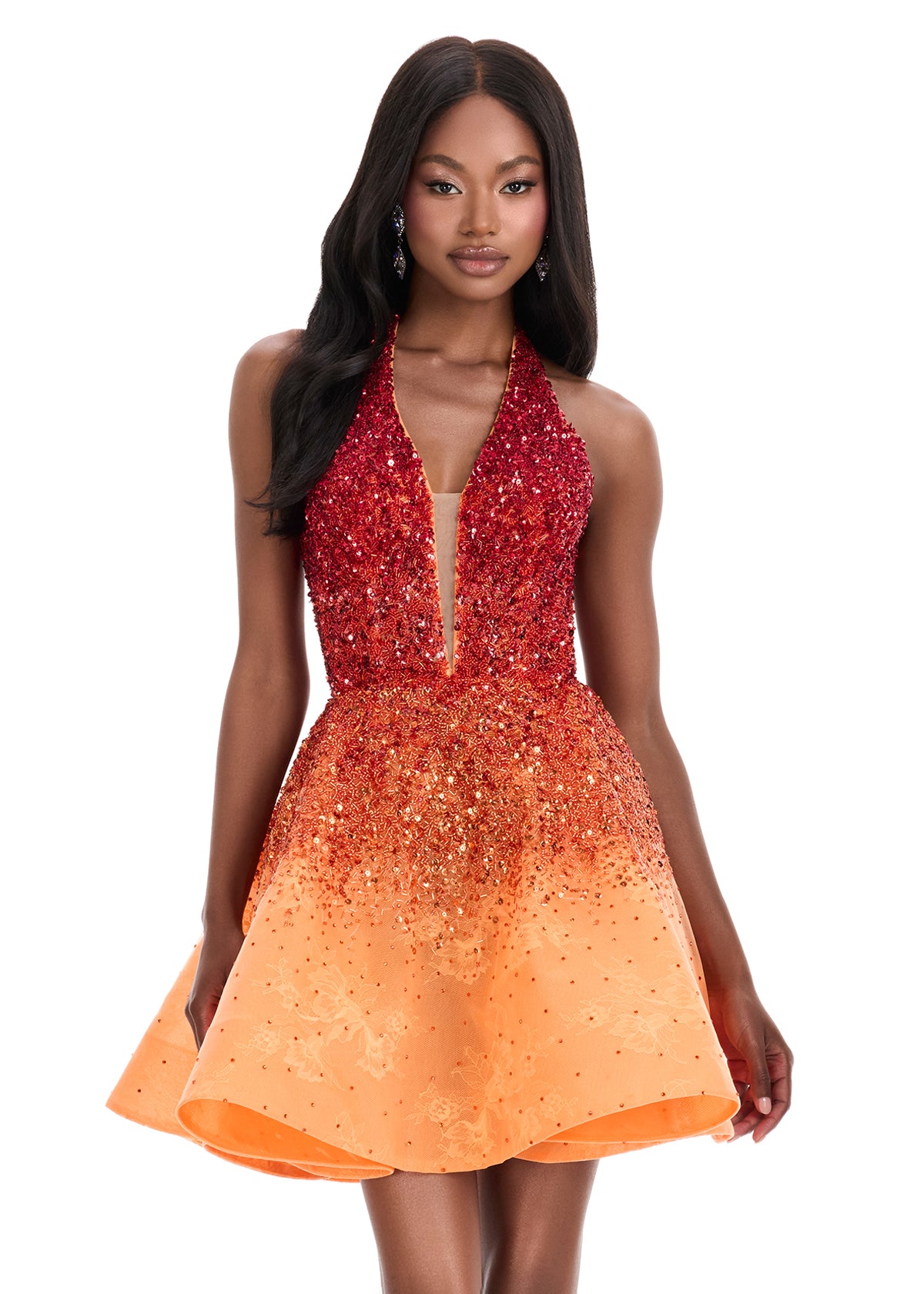 ASHLEYlauren 4833 – Beaded Ombré Halter Mini Dress with Lace Detail