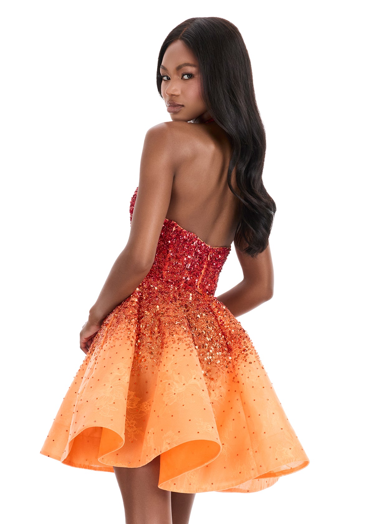 ASHLEYlauren 4833 – Beaded Ombré Halter Mini Dress with Lace Detail