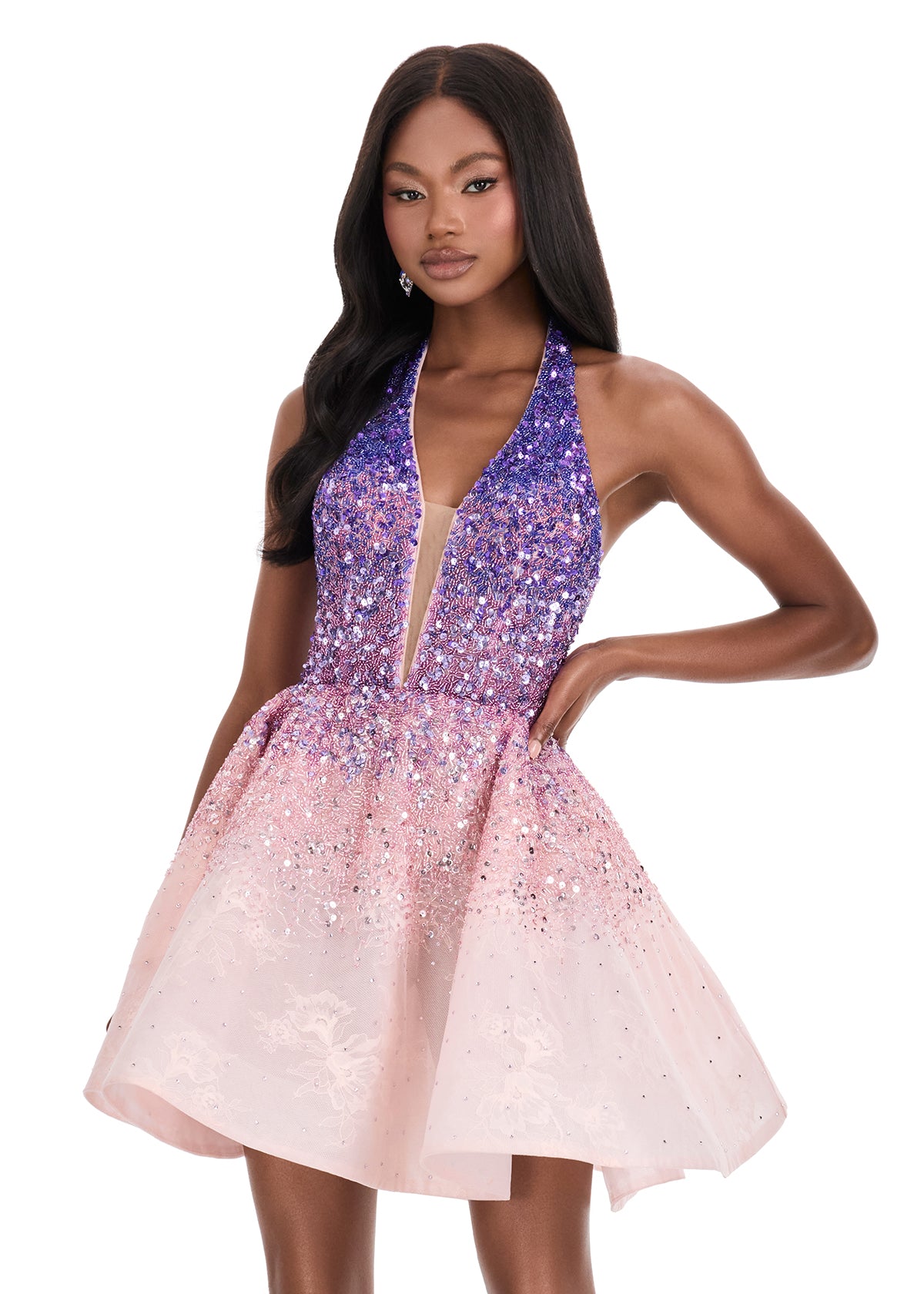ASHLEYlauren 4833 – Beaded Ombré Halter Mini Dress with Lace Detail