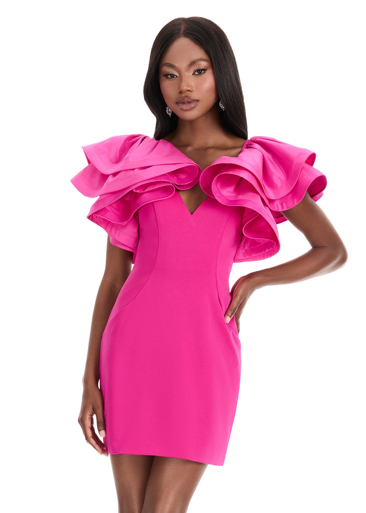 ASHLEYlauren 4841 – Crepe Dress with Dramatic Ruffled Sleeves