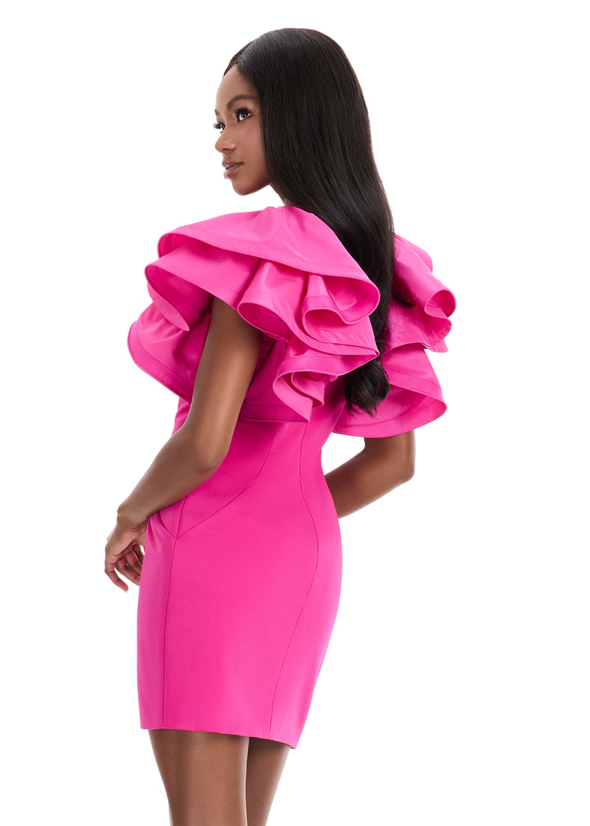 ASHLEYlauren 4841 – Crepe Dress with Dramatic Ruffled Sleeves