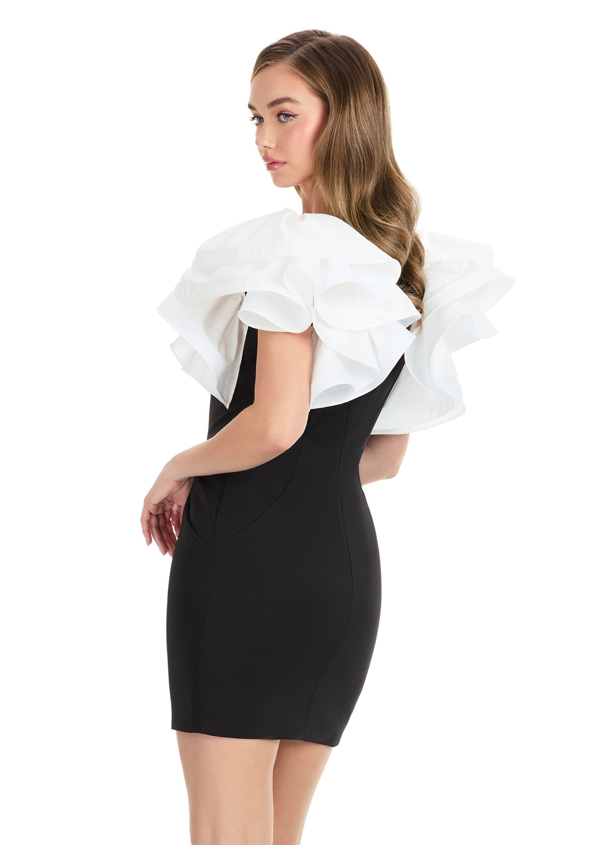 ASHLEYlauren 4841 – Crepe Dress with Dramatic Ruffled Sleeves