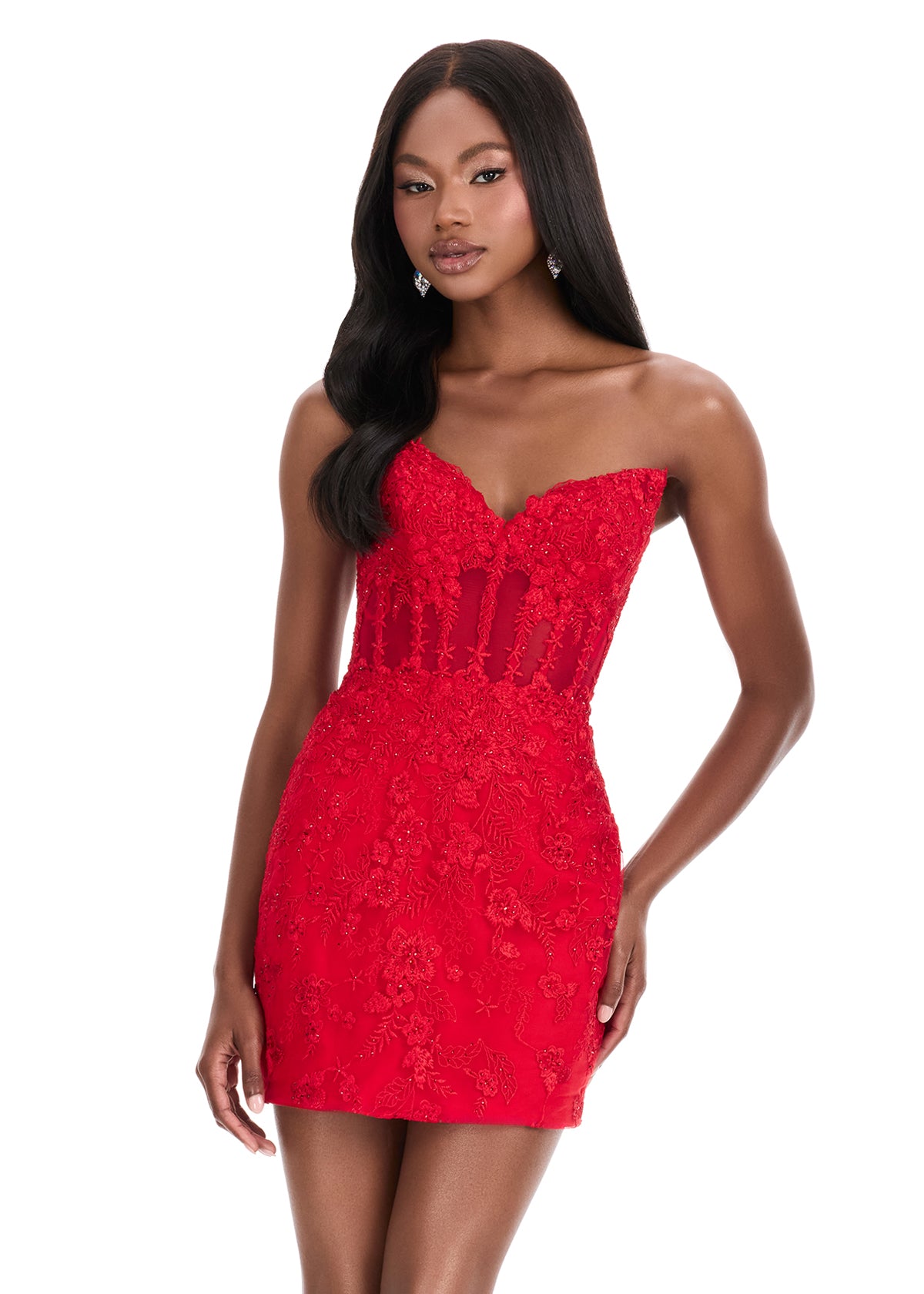 ASHLEYlauren 4849 – Embroidered Appliqué Strapless Sweetheart Mini