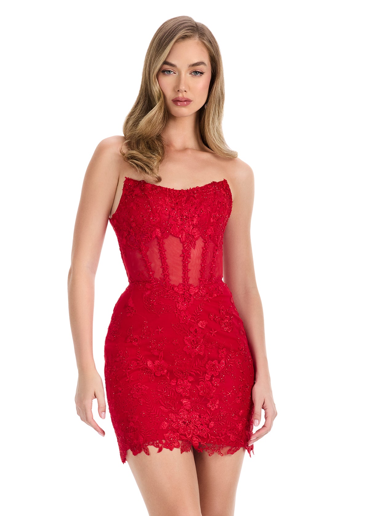 ASHLEYlauren 4852 – Strapless Lace Appliqué Semi-Sheer Mini Dress