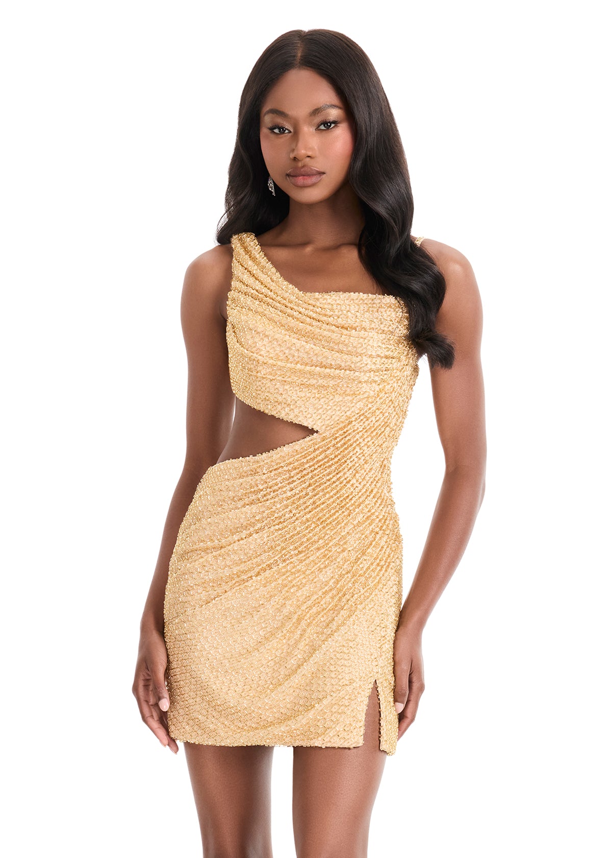 ASHLEYlauren 4863 One-Shoulder Beaded Cutout Fitted Mini Dress ASHLEYlauren 4863 One-Shoulder Beaded Cutout Fitted Mini Dress