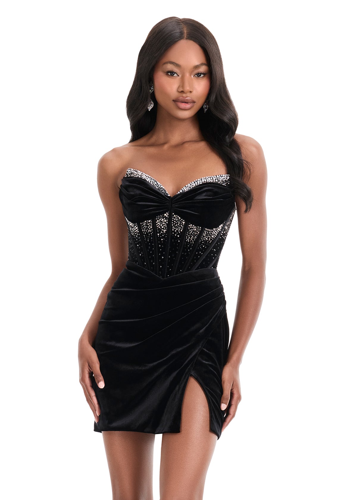 ASHLEYlauren 4865 – Velvet Mini Dress with Beaded Corset Bodice
