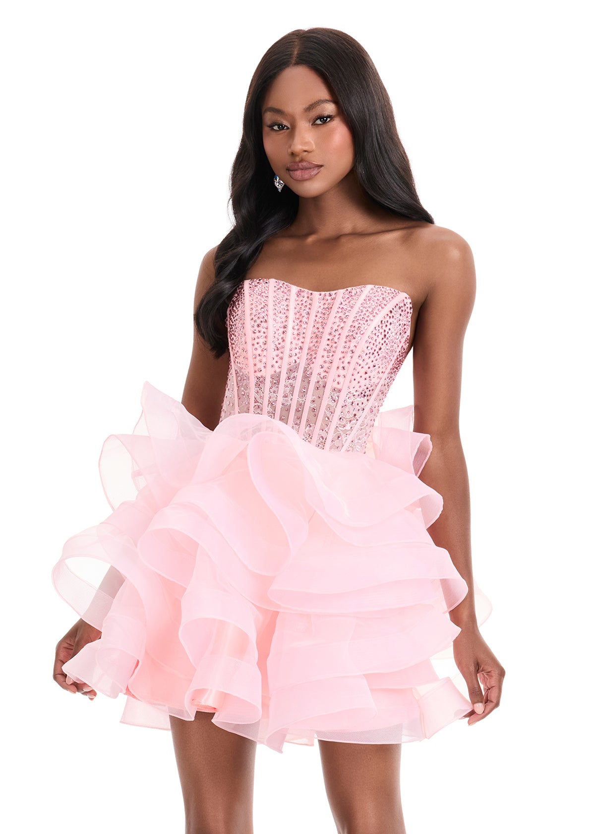 ASHLEYlauren 4883 Organza Ruffle Mini Dress with Corset Bodice ASHLEYlauren 4883 Organza Ruffle Mini Dress with Corset Bodice