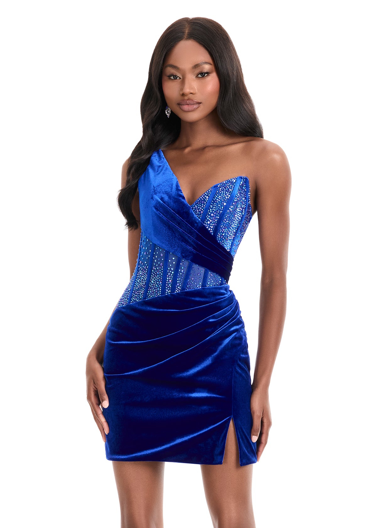 ASHLEYlauren 4886 – One-Shoulder Velvet Beaded Corset Mini Dress