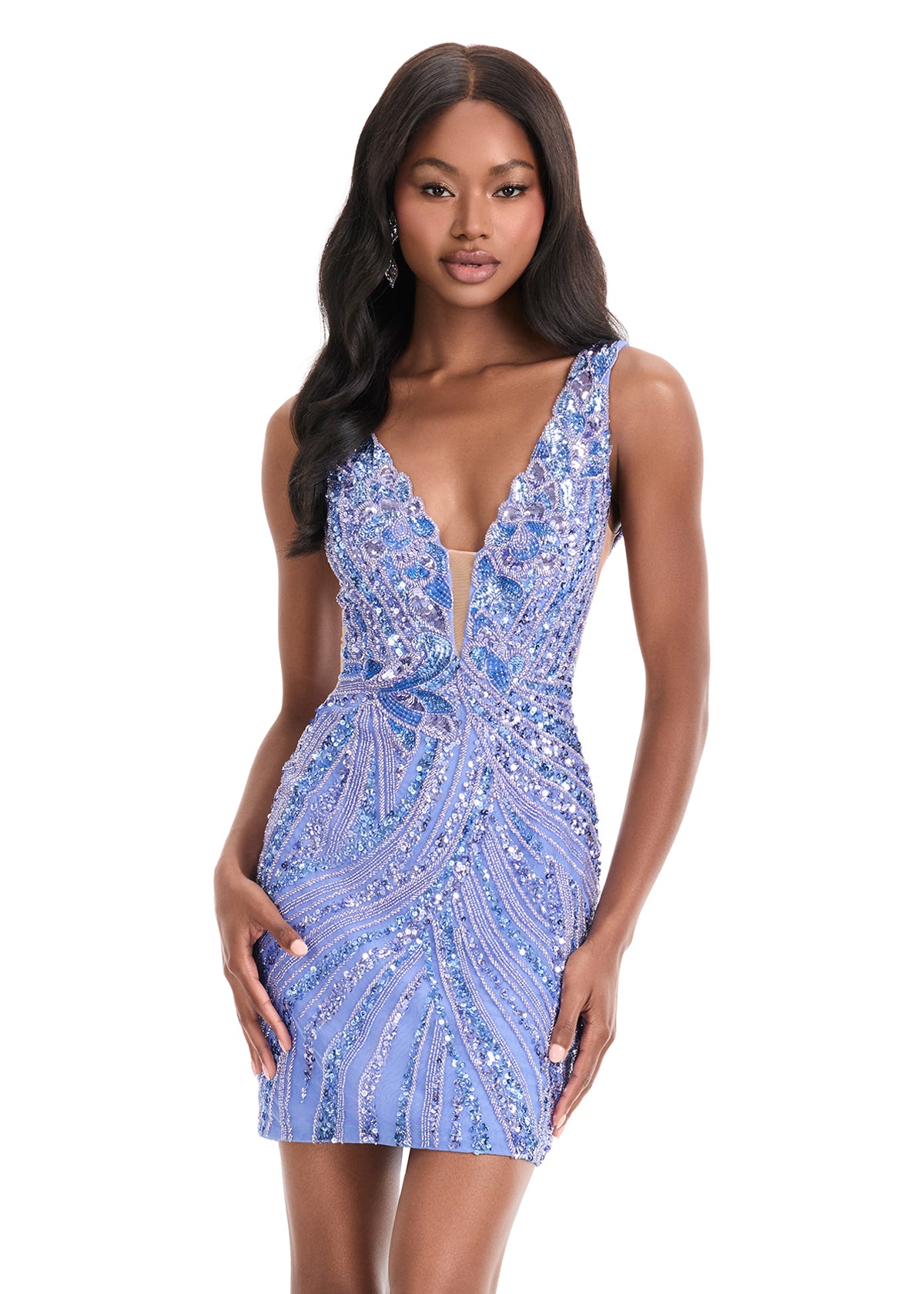 ASHLEYlauren 4893 – Fully Beaded Plunge Mini Dress with Open Back
