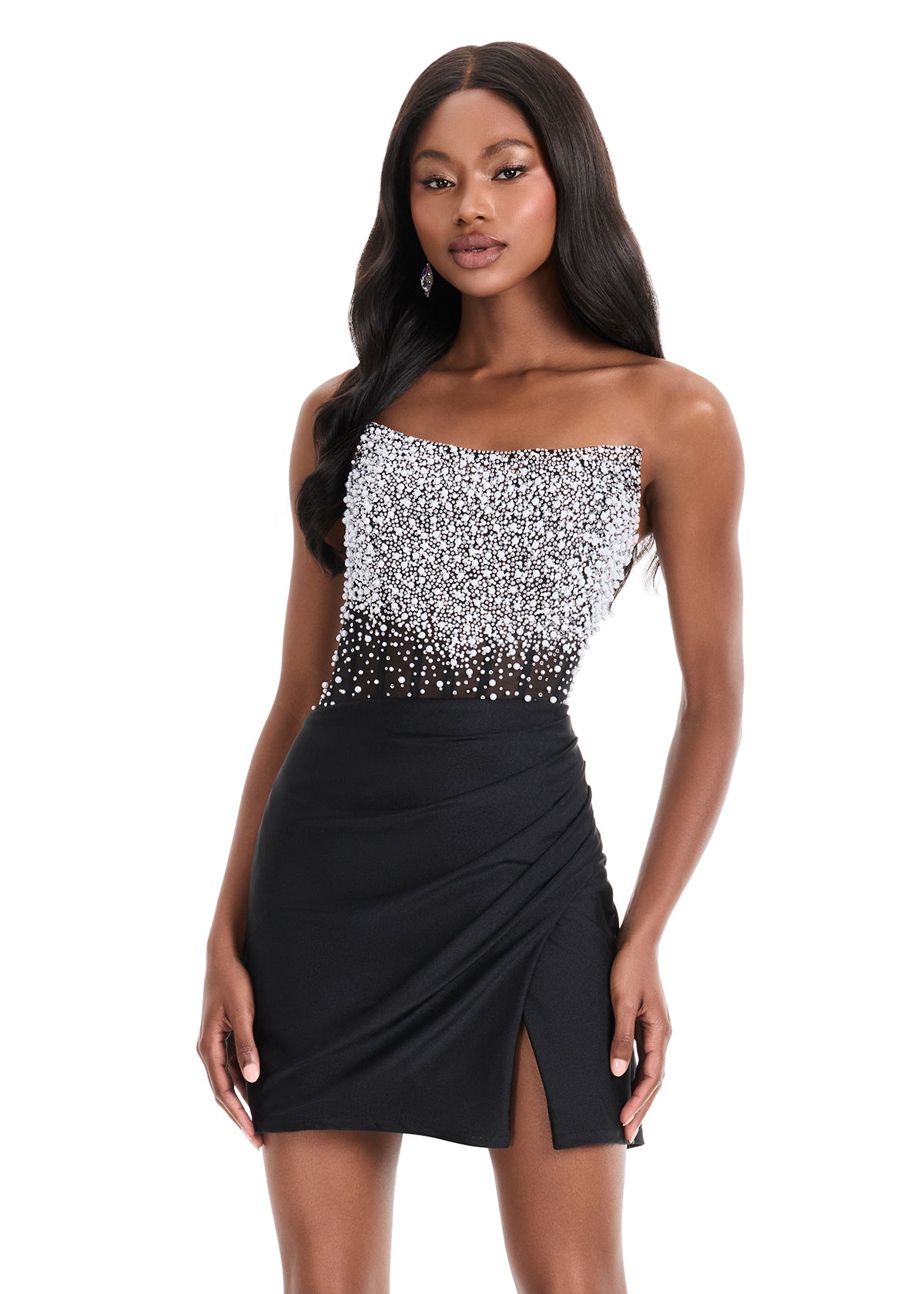 ASHLEYlauren 4923 – Beaded Mesh Bodice Fitted Jersey Mini Dress
