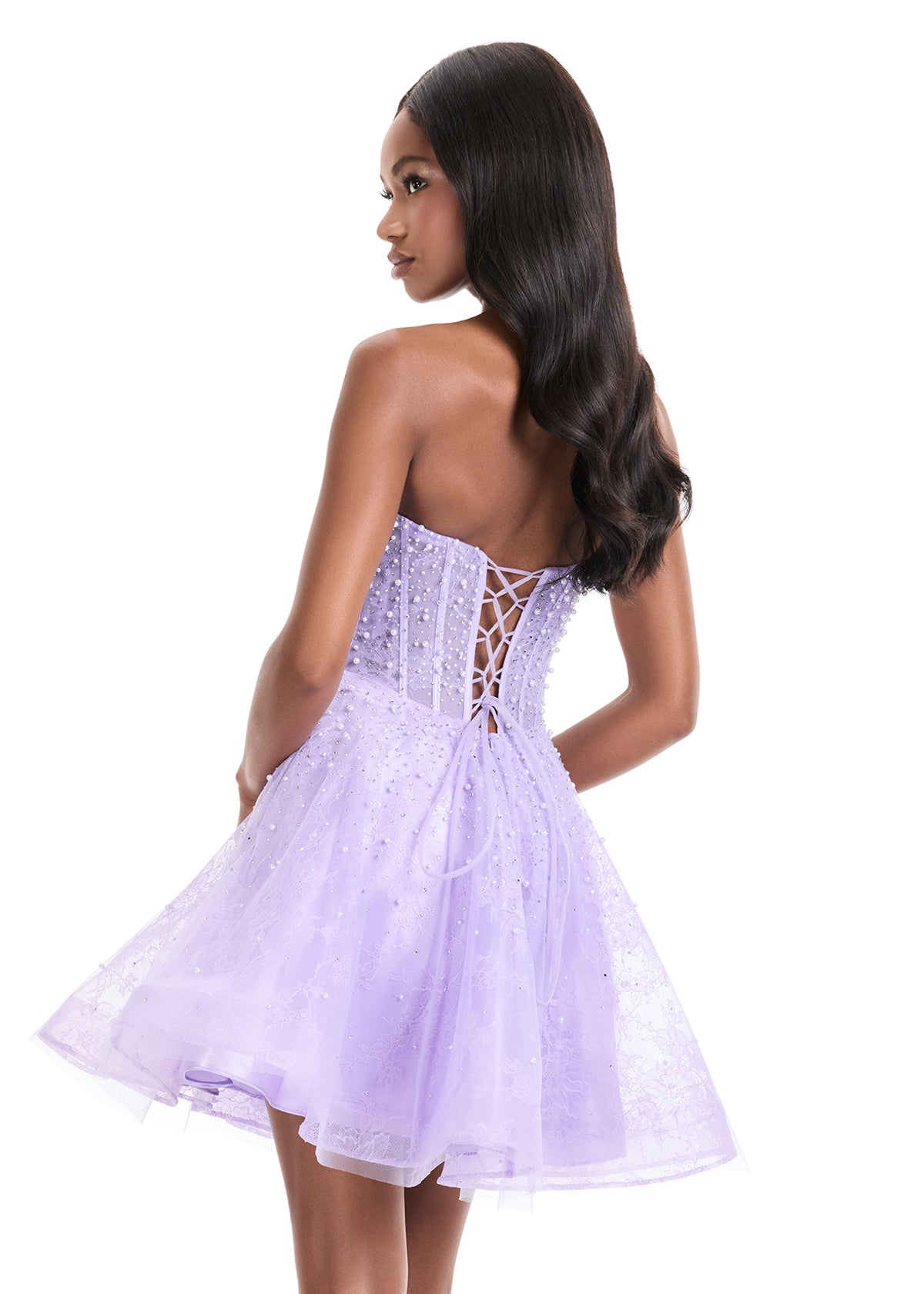 ASHLEYlauren 4924 – Lace Sweetheart Corset Mini Dress with Beading