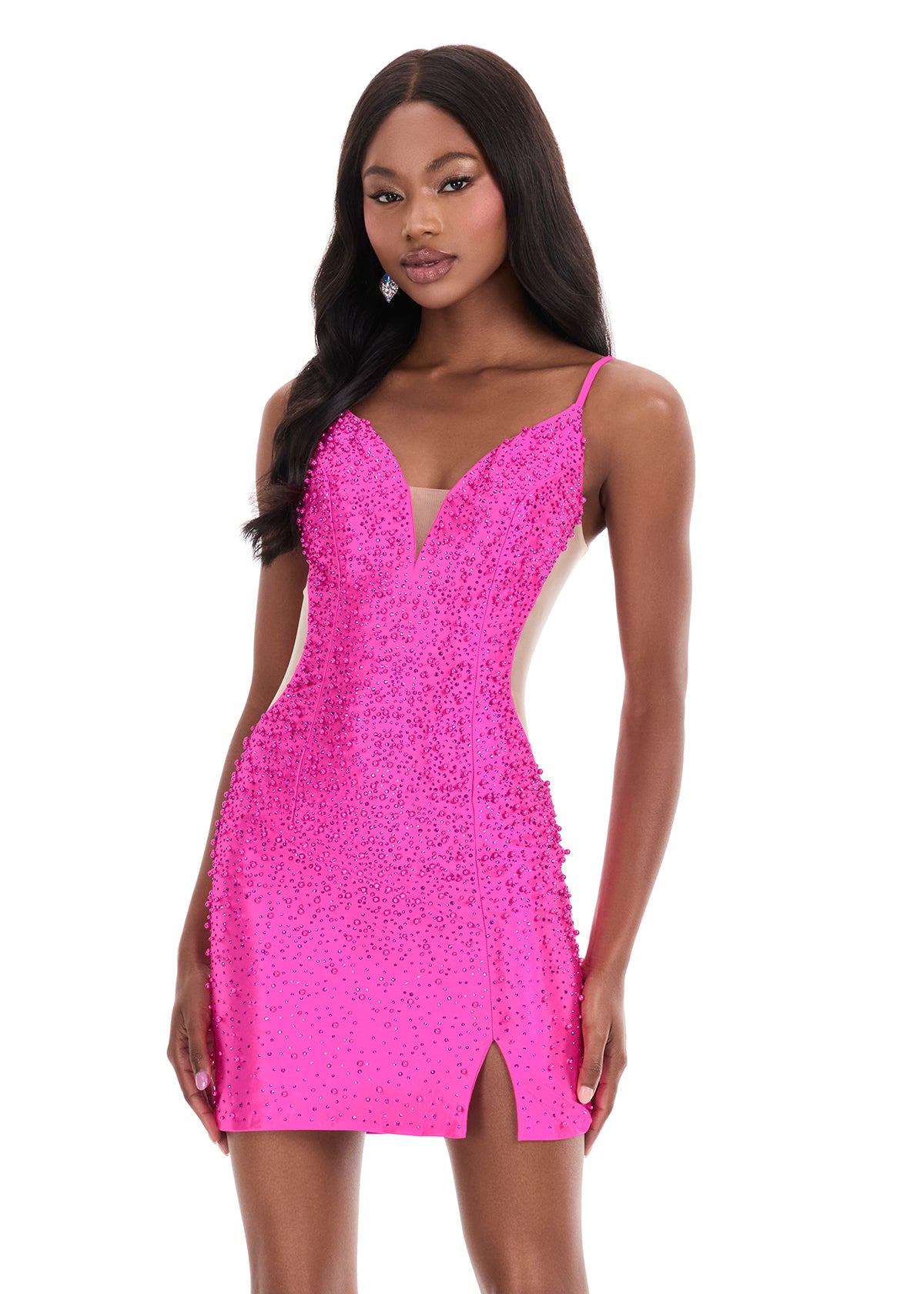 ASHLEYlauren 4926 – Beaded Plunge Jersey Mini Dress with Slit