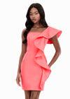 ASHLEYlauren 4947 | Coral structured mikado mini featuring asymmetrical neckline and sculptural ruffle