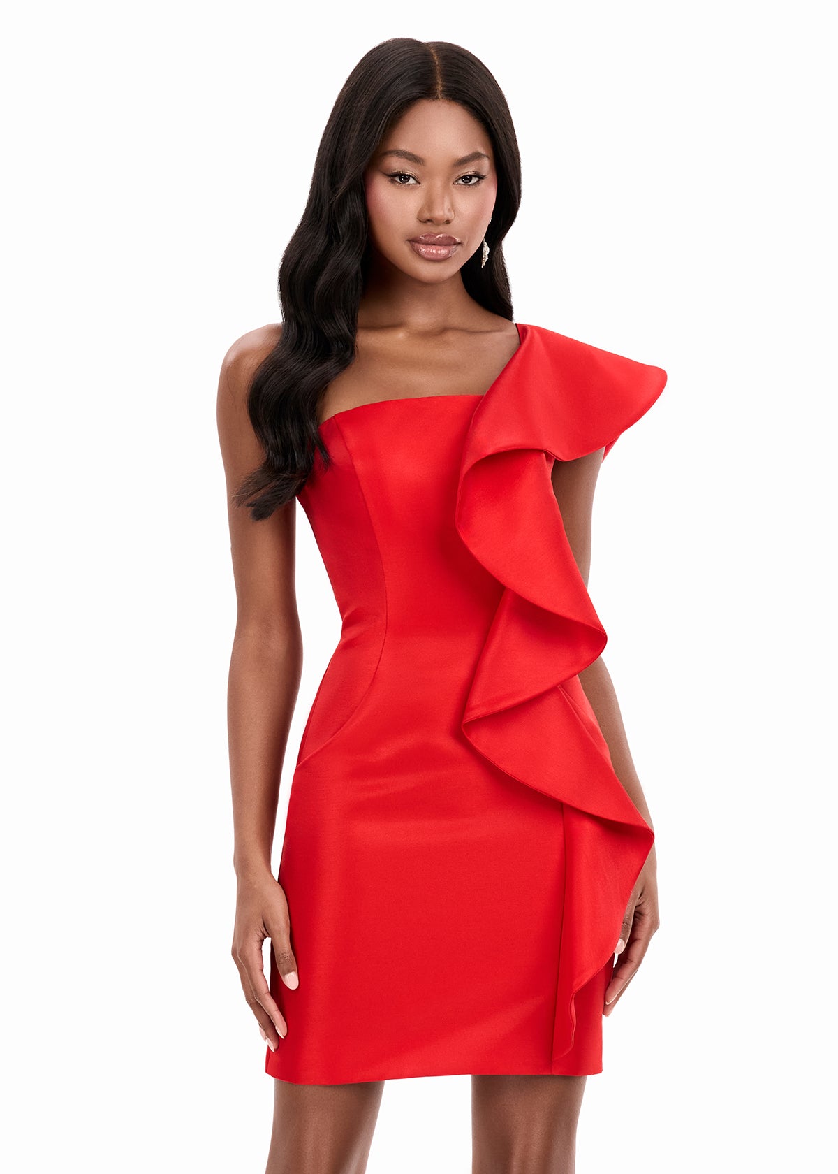 ASHLEYlauren 4947 | Red sculptural mikado mini featuring asymmetrical neckline and dramatic ruffle detail