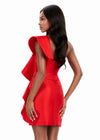 ASHLEYlauren 4947 | Red mikado one shoulder mini with cascading ruffle and sleek silhouette