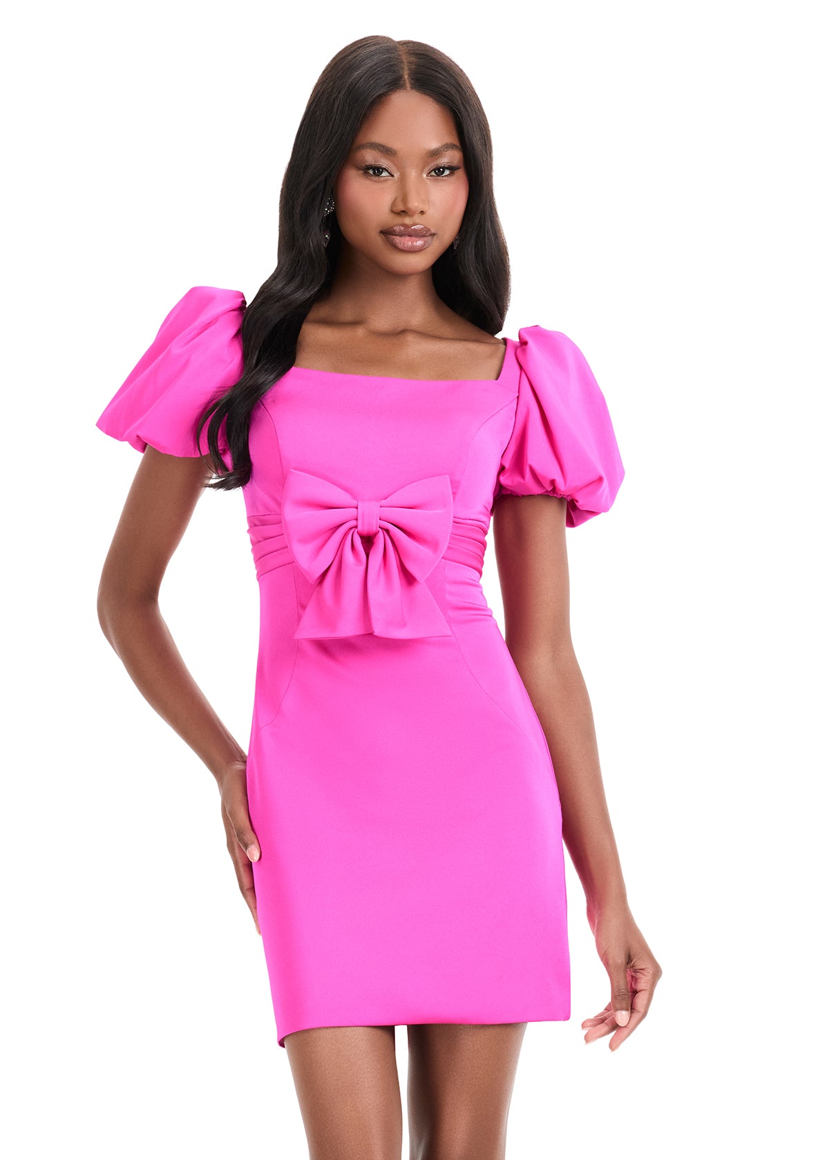 ASHLEYlauren 4955 |  Pink dress with puff sleeves and a bow detail on a white background