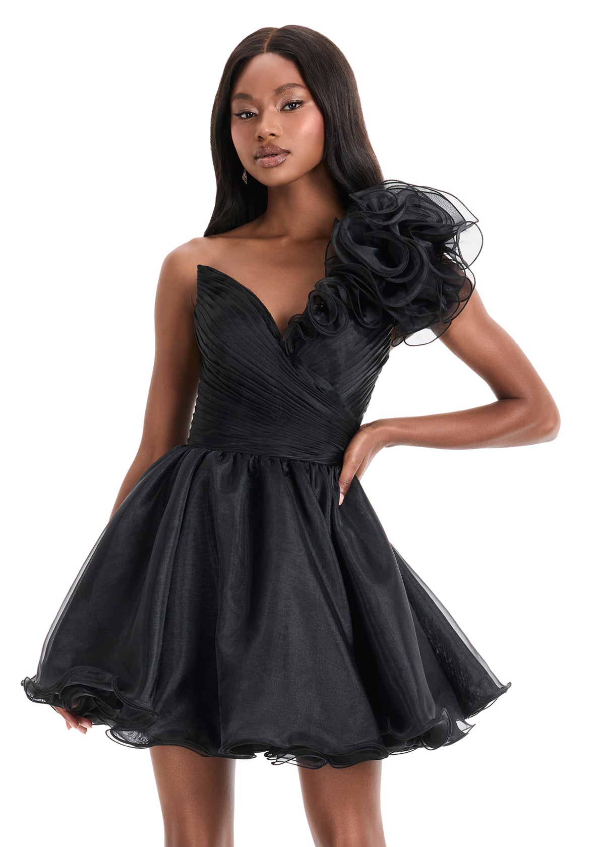 ASHLEYlauren 4958 | Black one-shoulder dress with floral details 