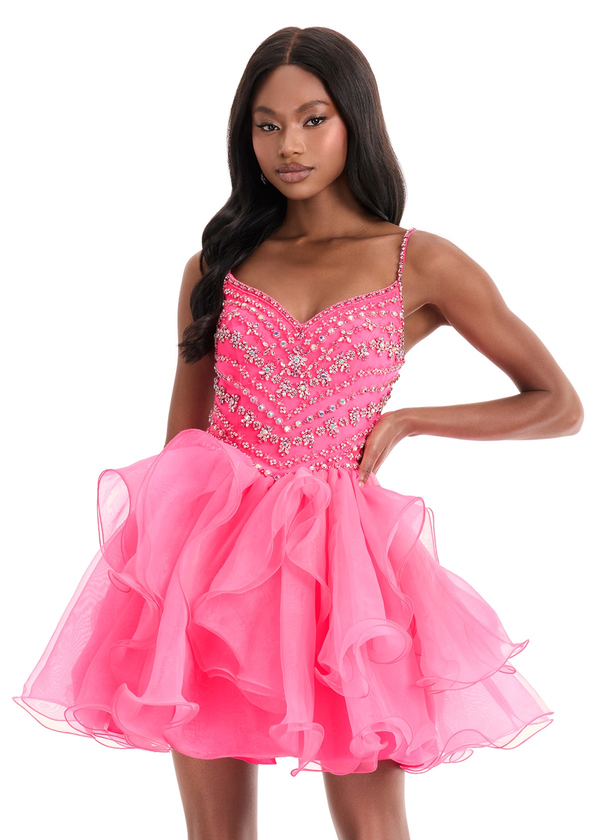 ASHLEYlauren Style 4964 Beaded Organza Mini Dress with Ruffle Skirt