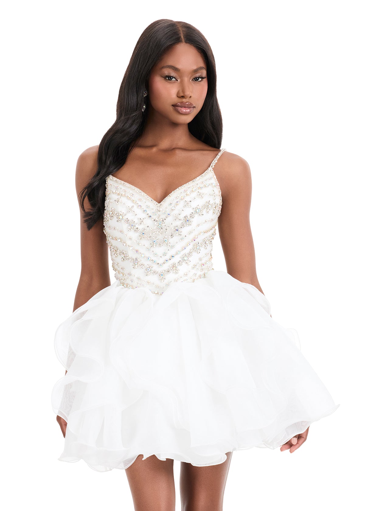 ASHLEYlauren Style 4964 Beaded Organza Mini Dress with Ruffle Skirt