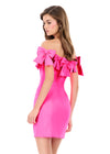 ASHLEYlauren 4966 | Hot-Pink off shoulder scuba mini with dramatic bow neckline and body-skimming silhouette
