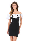 ASHLEYlauren 4966 | White-Black structured scuba mini featuring dramatic bow neckline and sculpted bodycon shape