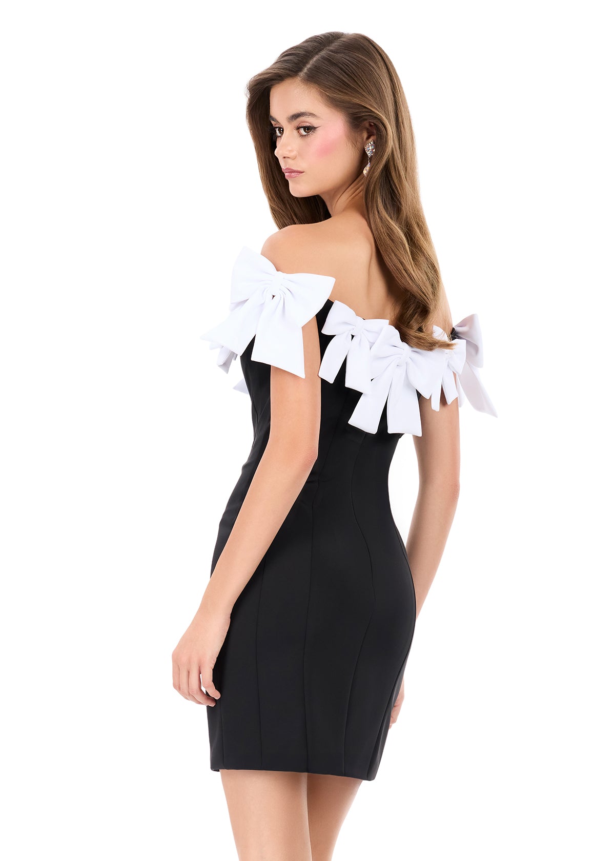 ASHLEYlauren 4966 | White-Black off shoulder scuba mini with oversized bow neckline and sleek fitted silhouette