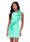 ASHLEYlauren 4967 | Aqua sleek jersey mini featuring diagonal floral appliqué detailing and body-skimming fit
