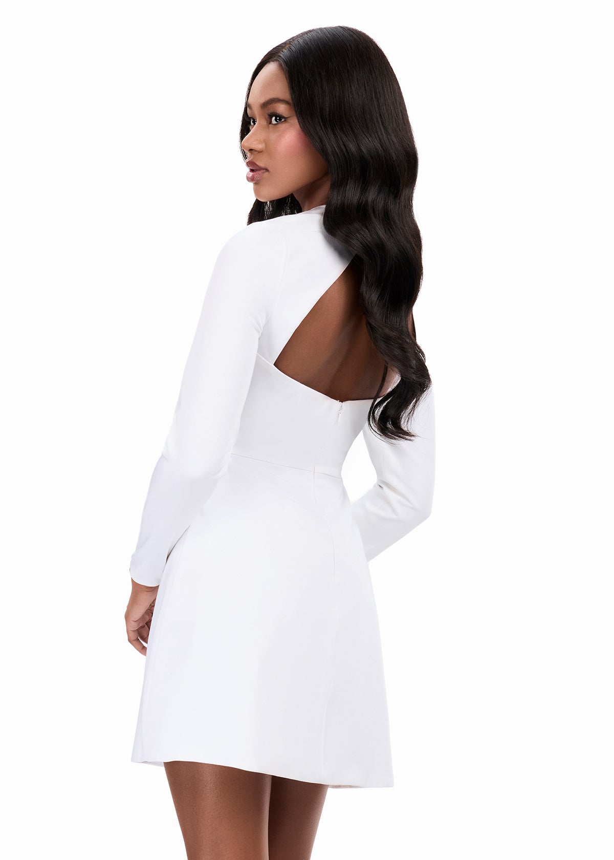 ASHLEYlauren 4971 | White crepe long sleeve mini with square neckline and dramatic open back cutout