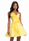 ASHLEYlauren 4975 | Yellow structured mikado mini featuring a strapless neckline, sleek bodycon fit, and dramatic statement bow at the back