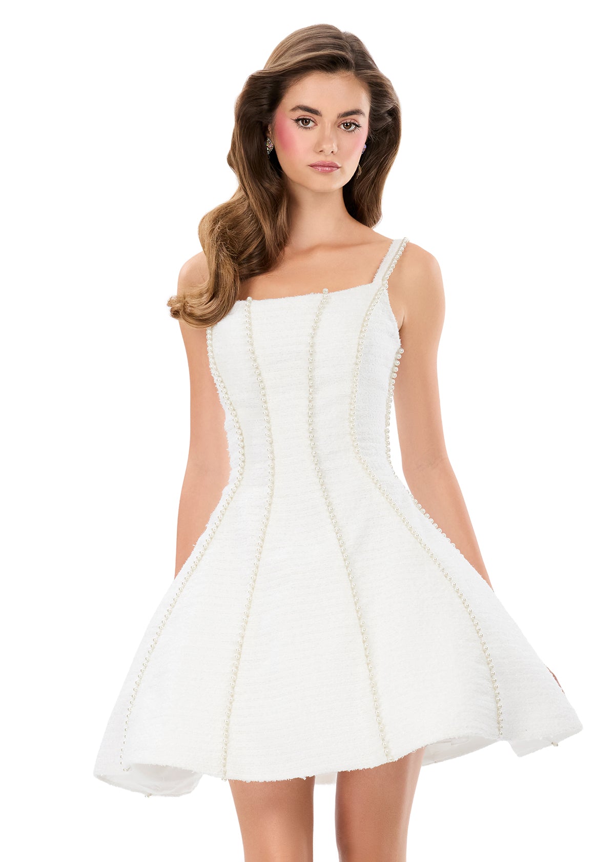 ASHLEYlauren 4982 | White structured tweed mini with square neckline, pearl panel detailing, and feminine flared silhouette