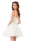 ASHLEYlauren 4982 | White tweed fit and flare mini with square neckline, double straps, pearl seamed bodice, and voluminous skirt