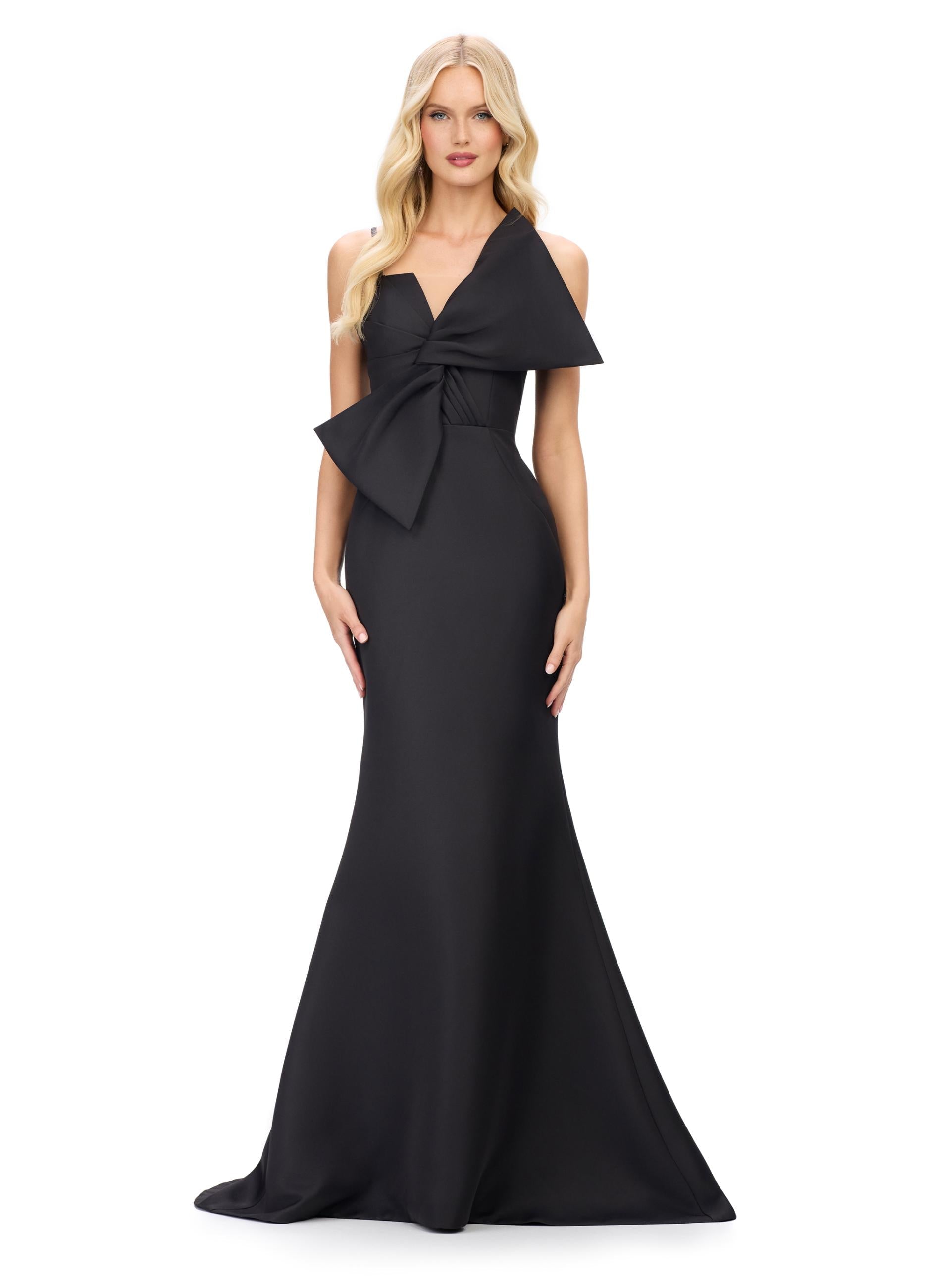 Black ASHLEYlauren 11702 Classic Satin Evening Gown with Spaghetti Straps, Illusion V-Neckline, and Statement Oversized Bow