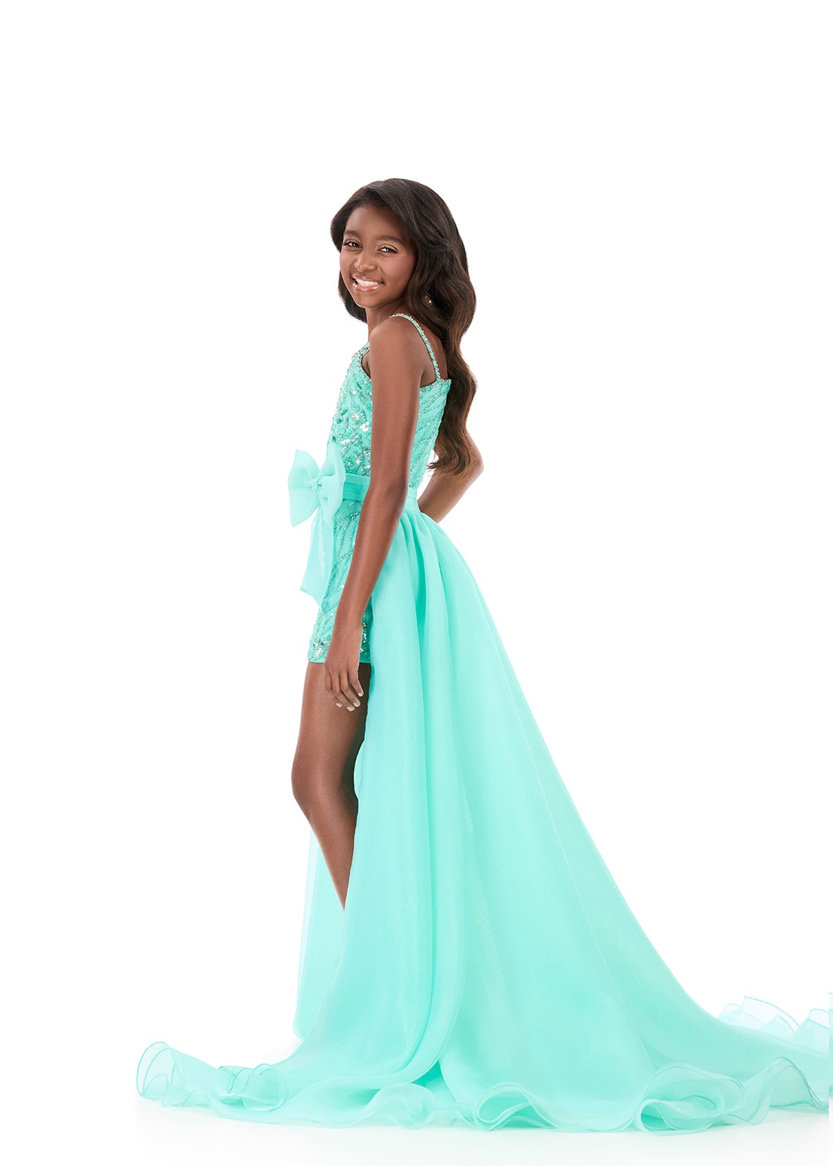 ASHLEYlauren 8325 – One-Shoulder Beaded Kids Romper Gown with