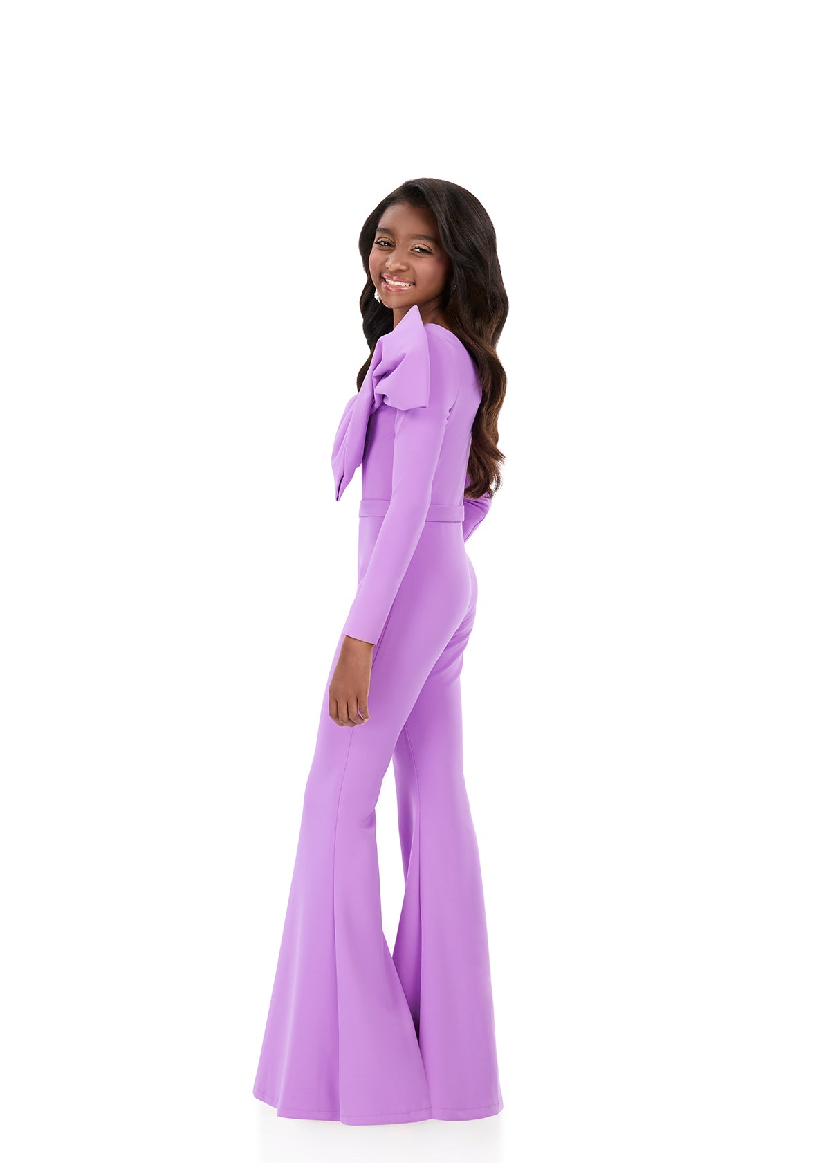 ASHLEYlauren 8327 | Orchid scuba jumpsuit with oversized shoulder ruffle and flare pants