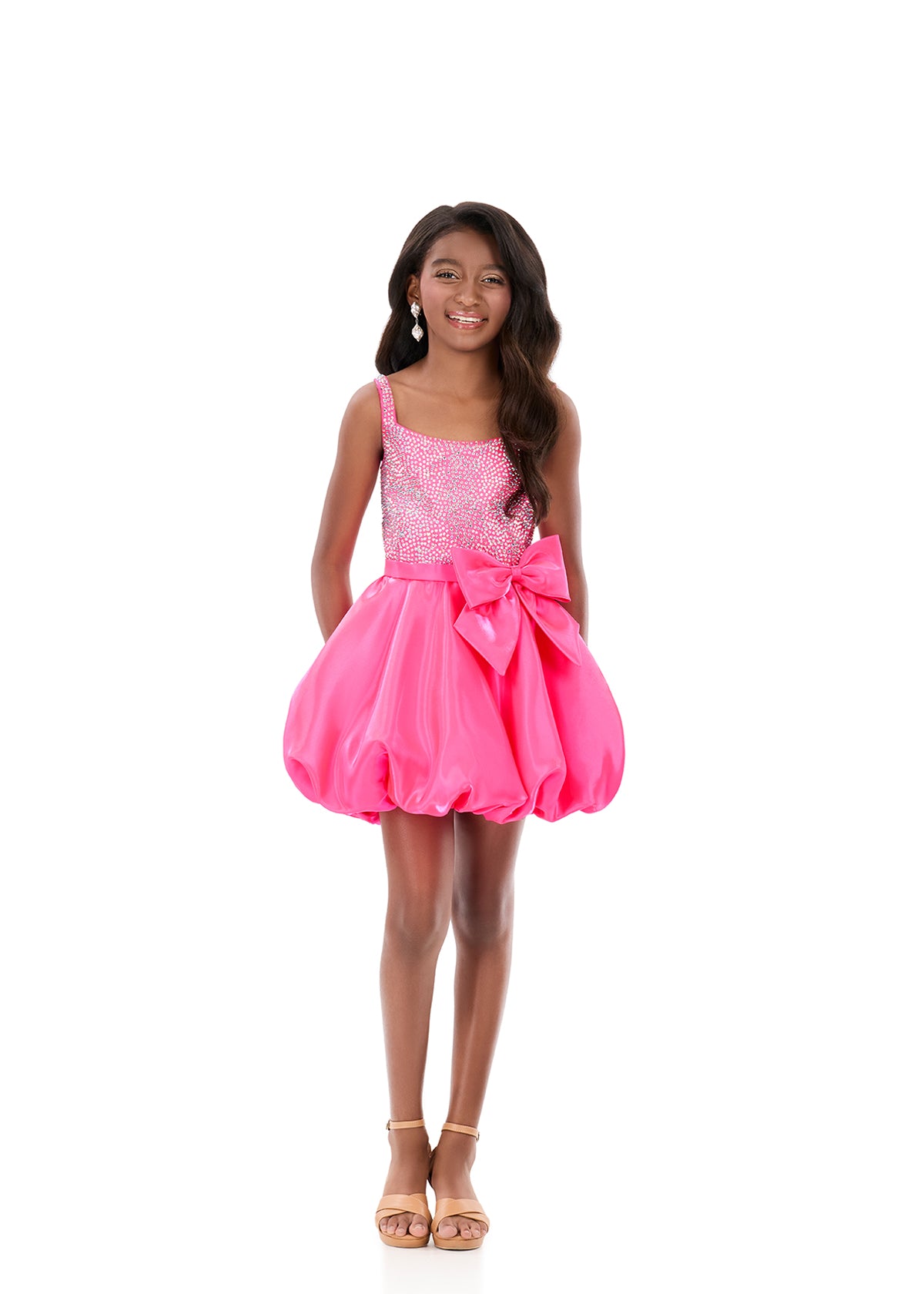 ASHLEYlauren 8328 | Hot-Pink pageant dress with scoop neckline and statement bow