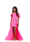 ASHLEYlauren 8330 | Hot-Pink kids pageant gown with off-shoulder bows, crystal bodice detail, and dramatic high-low skirt