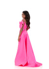 ASHLEYlauren 8330 | Hot-Pink kids satin high-low gown featuring off-shoulder bow sleeves, embellished bodice, and train