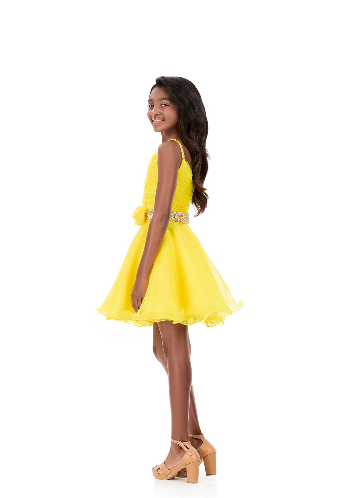 ASHLEYlauren 8331 | Yellow organza dress with ruched bodice and crystal waistband