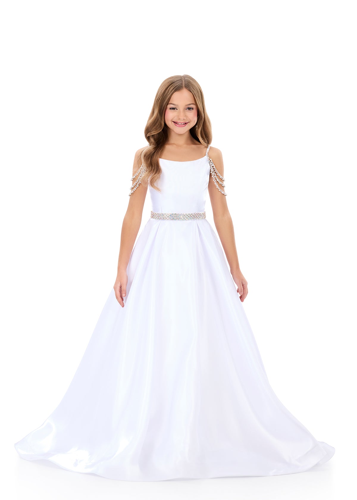 ASHLEYlauren 8333 | White kids pageant gown with structured bodice and sweeping train