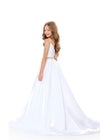 ASHLEYlauren 8333 | White satin ball gown with crystal fringe straps and flowing skirt