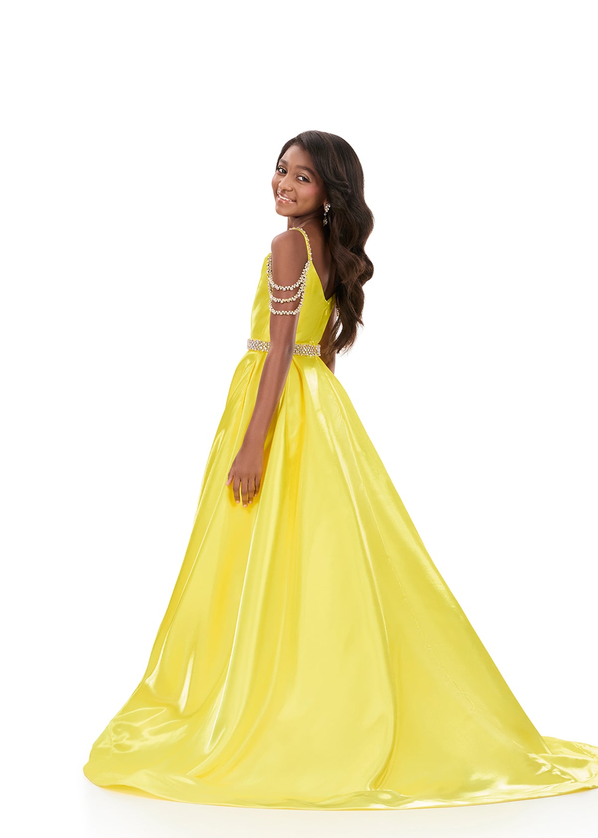 ASHLEYlauren 8333 | Yellow satin ball gown with square neckline and fringe straps
