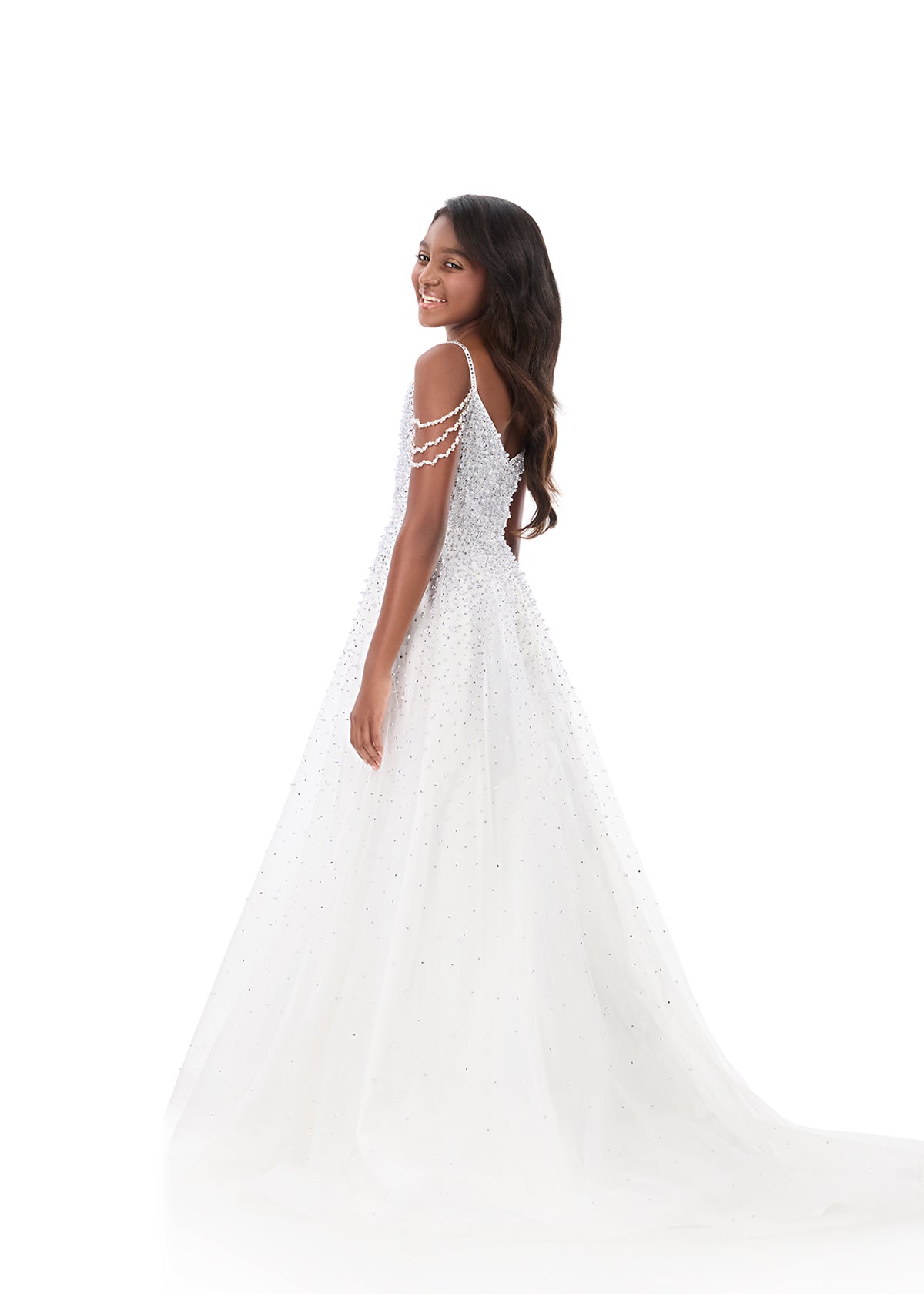 ASHLEYlauren 8335 | White tulle ball gown with ombre crystal embellishment and fringe straps