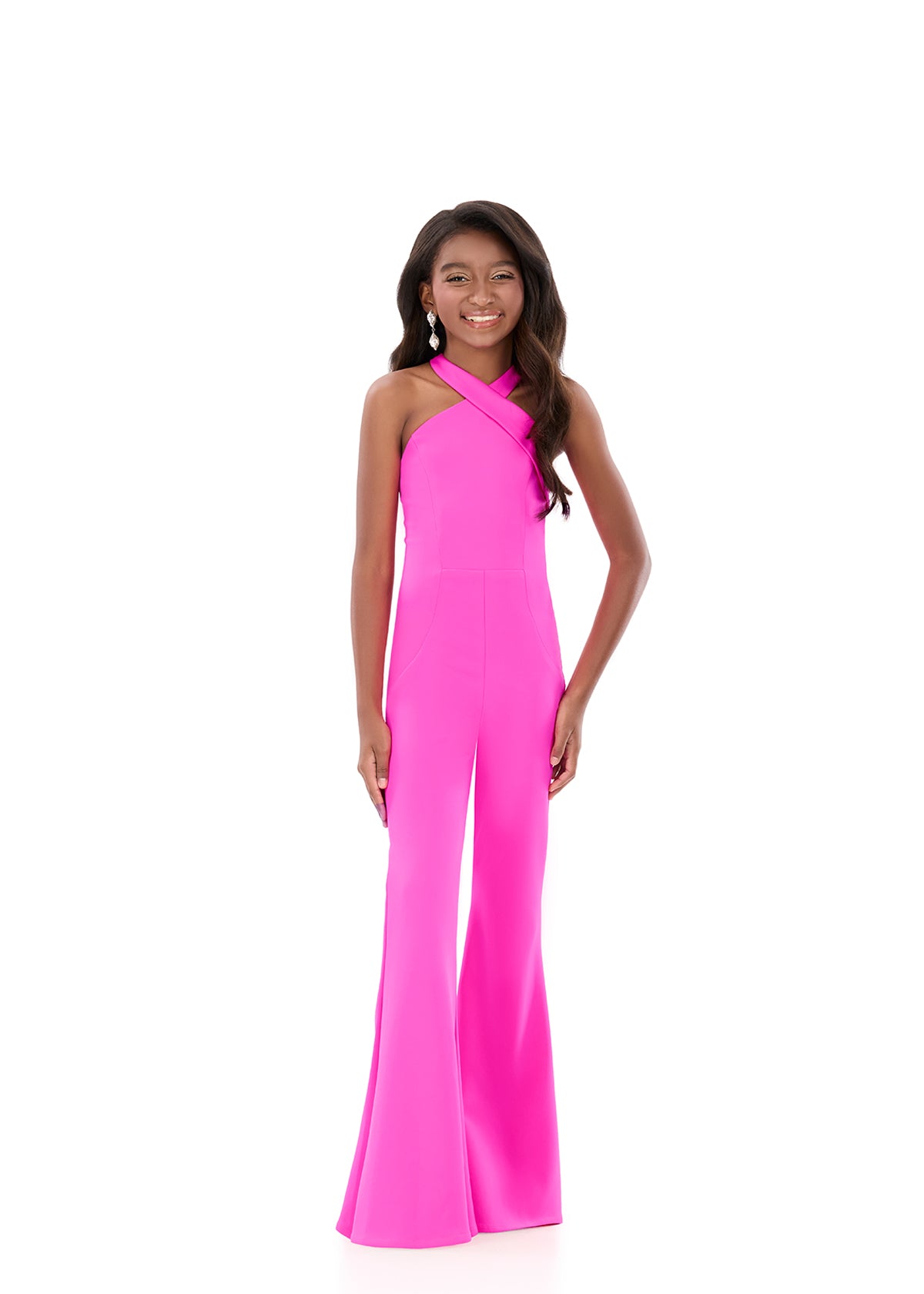 ASHLEYlauren 8336 | Fuchsia pageant jumpsuit with cross-over bodice and structured fit